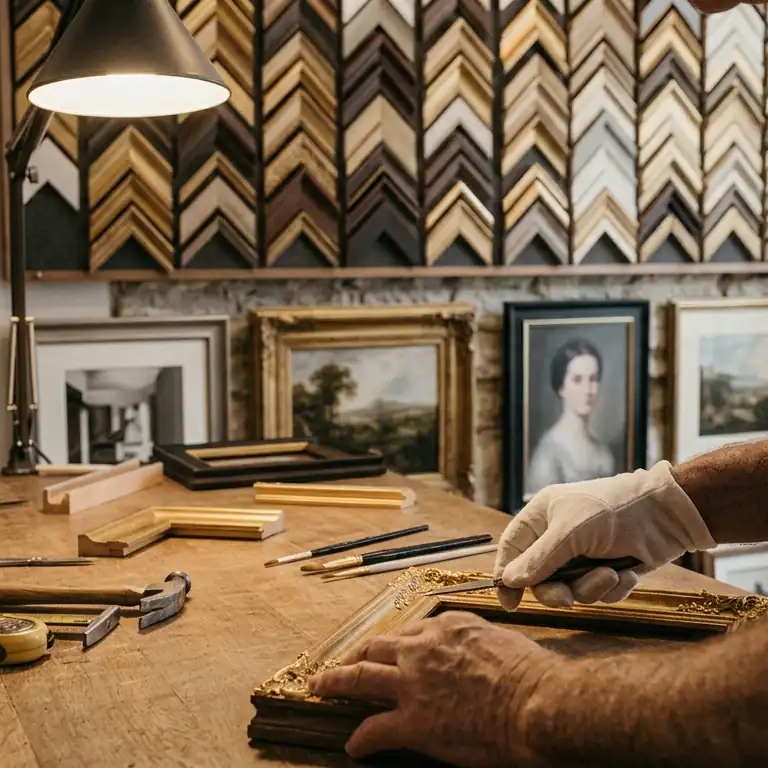 Handmade picture framing in progress at the Kornizopoieio Epiloges workshop in Nicosia